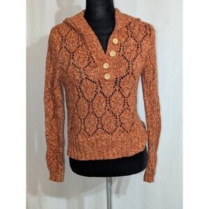VTG Y2K Boho Pandemonium Collared Button Down Crochet Orange Sweater Sz L